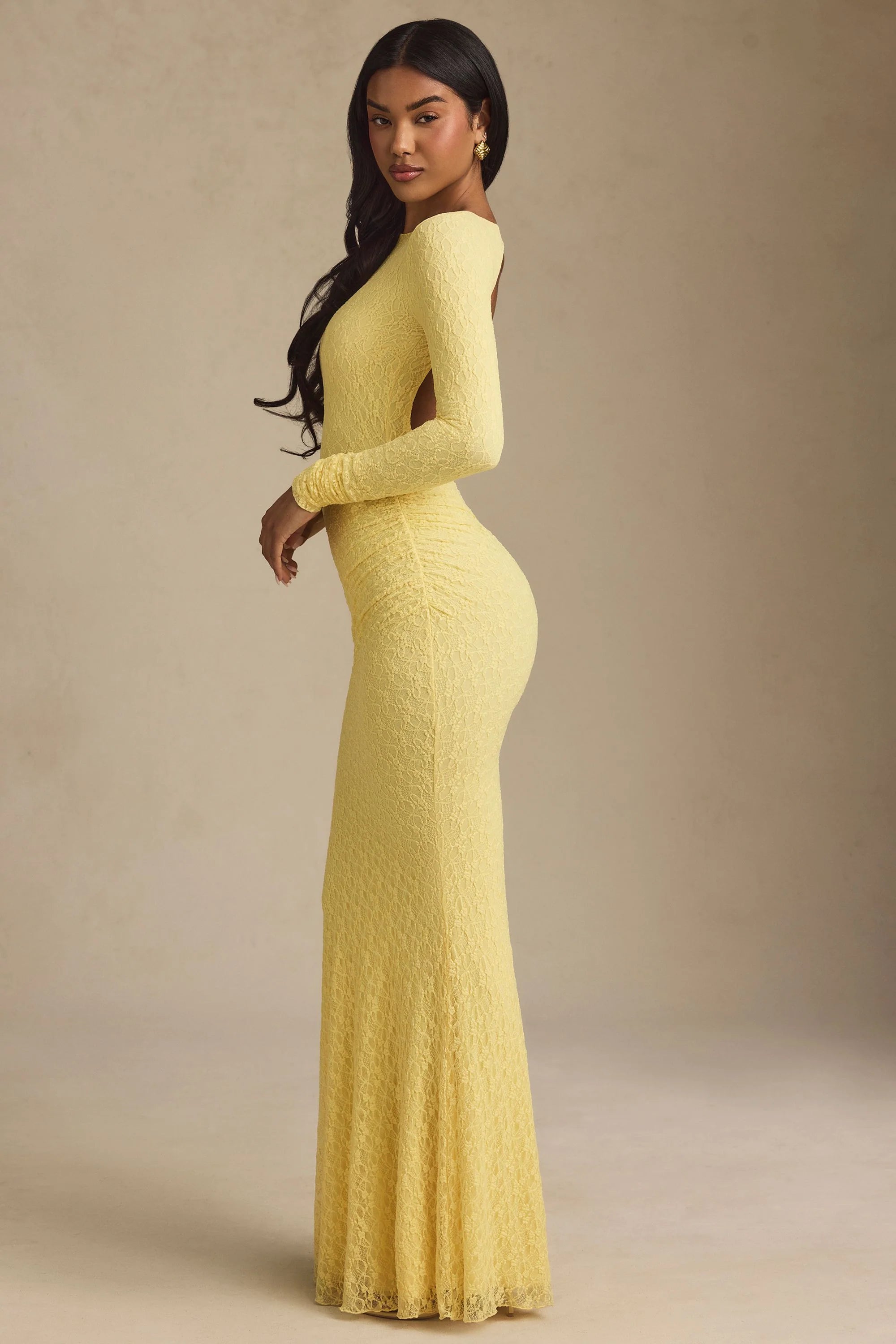 Ruched Backless Lace Maxi Dress in Pastel Yellow