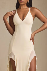 Ruched Ruffle-Trim Maxi Dress in Ivory