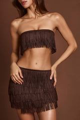 Fringed Bandeau Lace-up Crop Top in Chocolate Brown