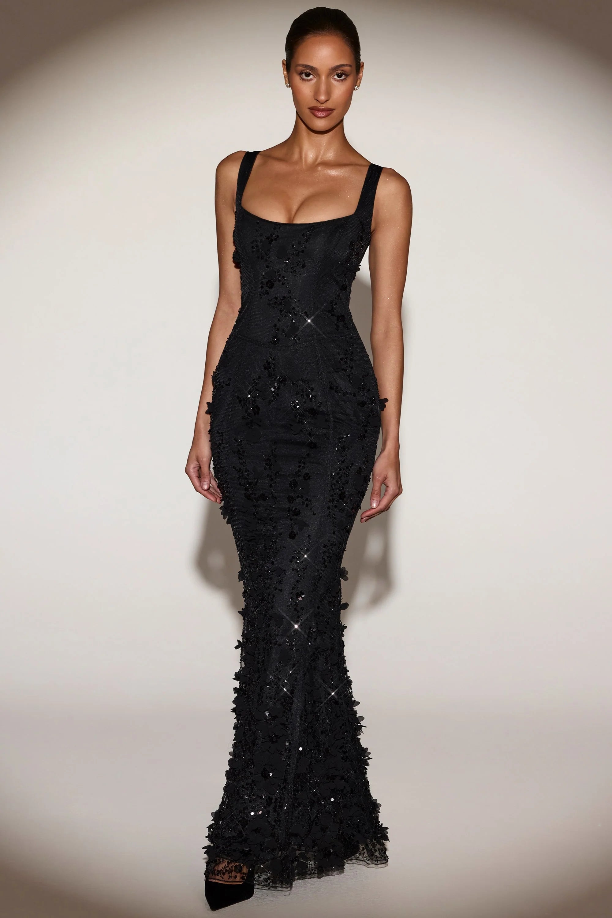Embellished Appliqué Soft-Scoop Corset Gown in Black