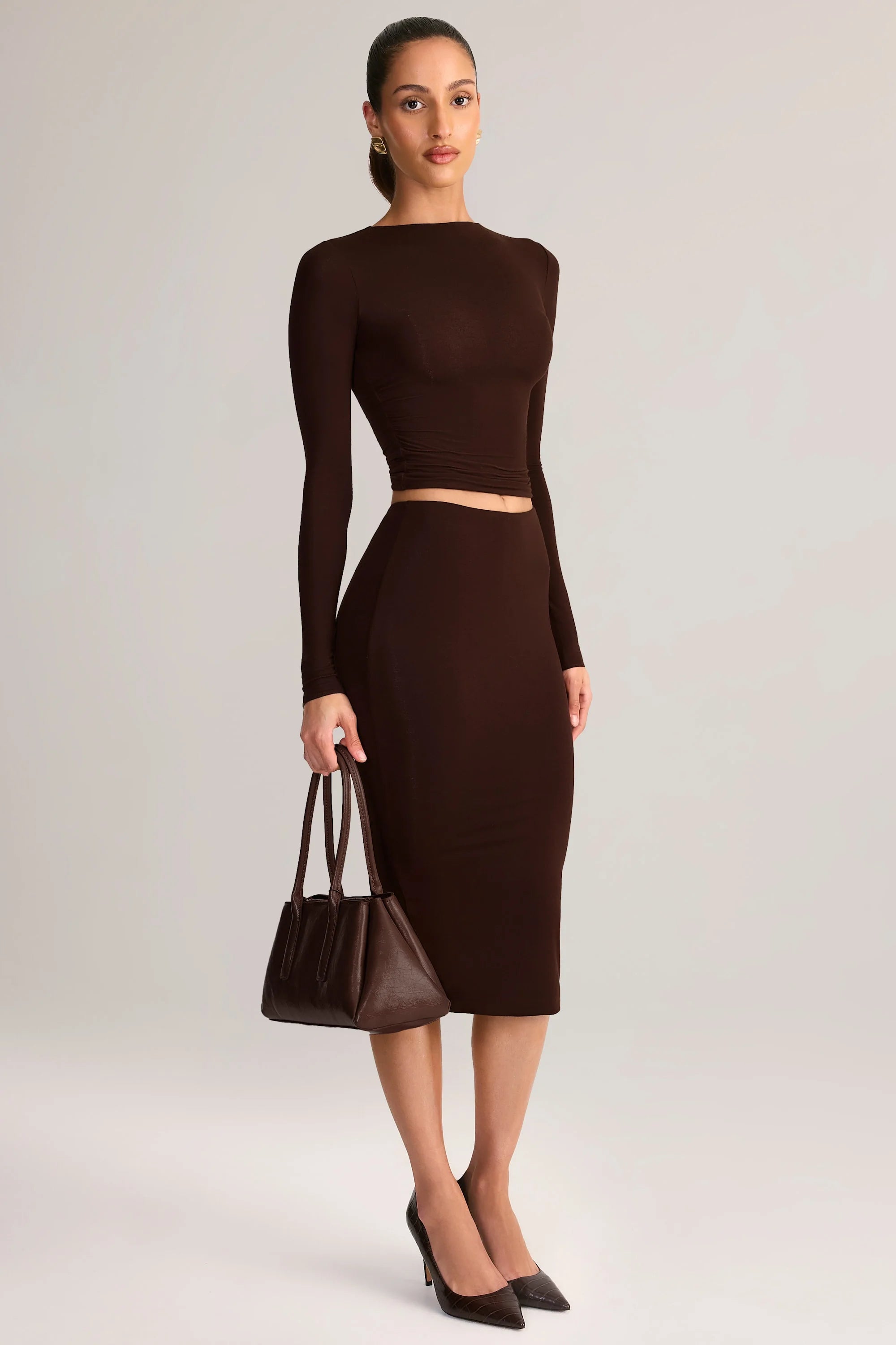 Modal Mid-Rise Pencil Midi Skirt in Chocolate Brown