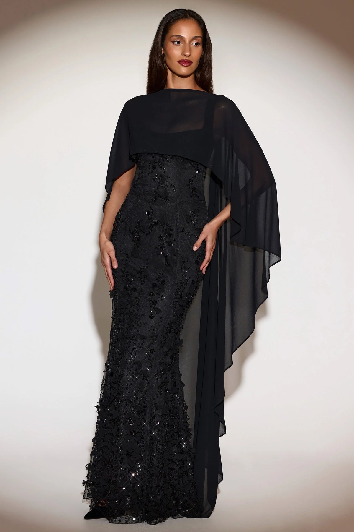 Sheer Chiffon Draped Cape in Black