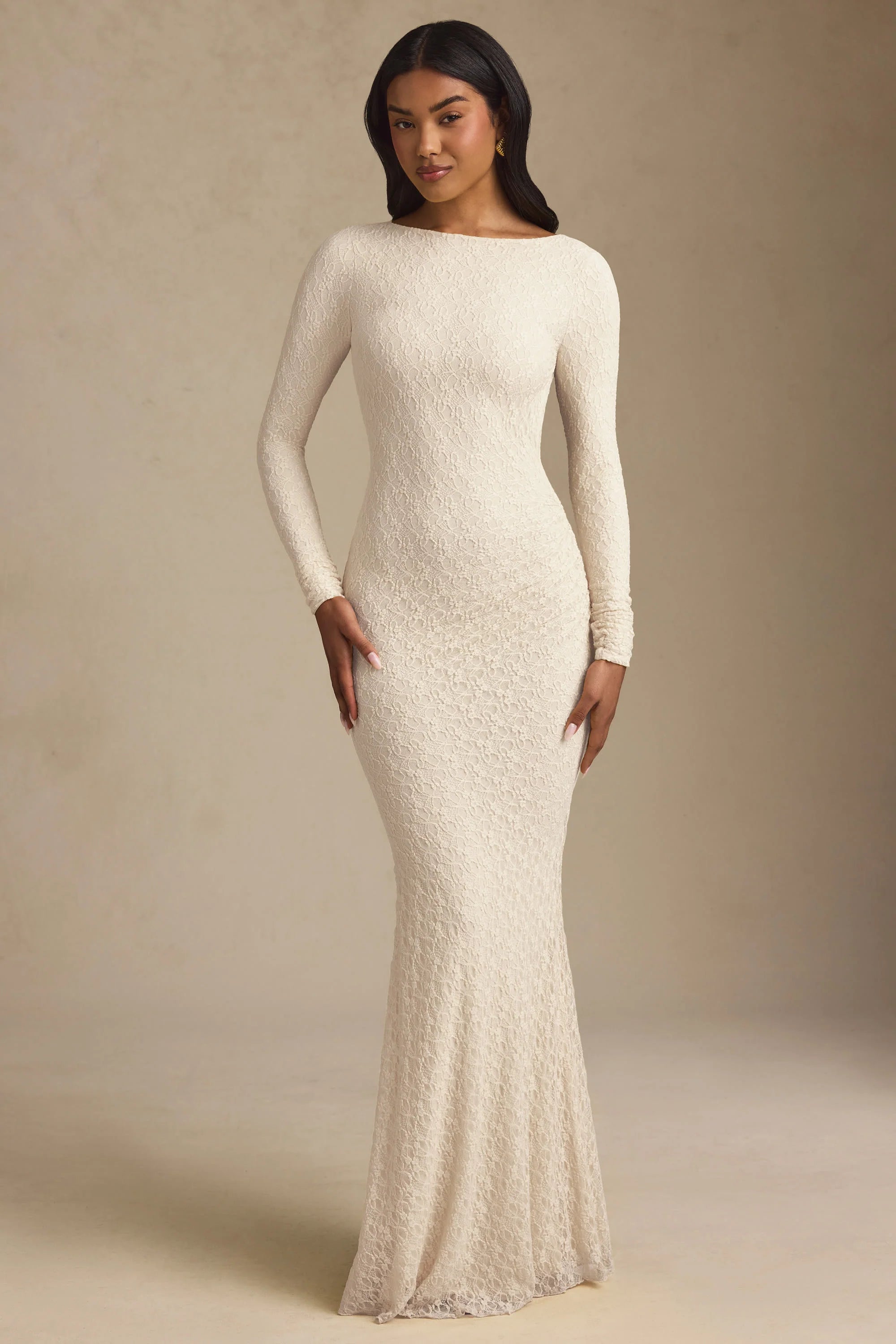 Ruched Backless Lace Maxi Dress in Ivory