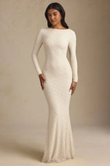 Ruched Backless Lace Maxi Dress in Ivory