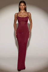 Sheer Embellished Backless Maxi Dress in Burgundy