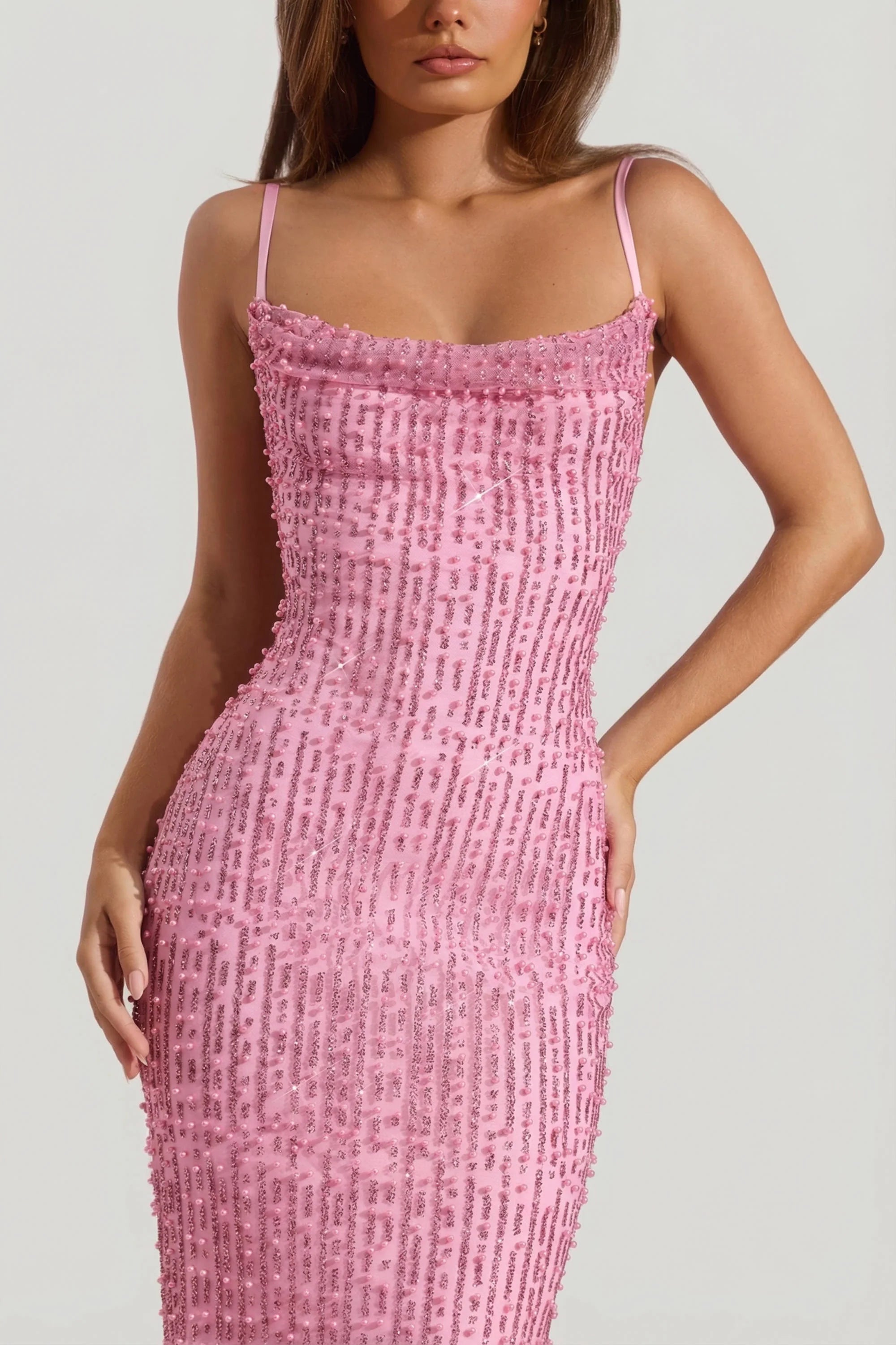 Embellished Cowl-Neck Backless Maxi Dress in Pink