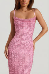 Embellished Cowl-Neck Backless Maxi Dress in Pink