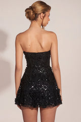 Embellished Appliqué Sweetheart Mini Dress in Black