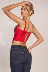 Sweetheart-Neck Lace-Up Corset Top in Rose Red