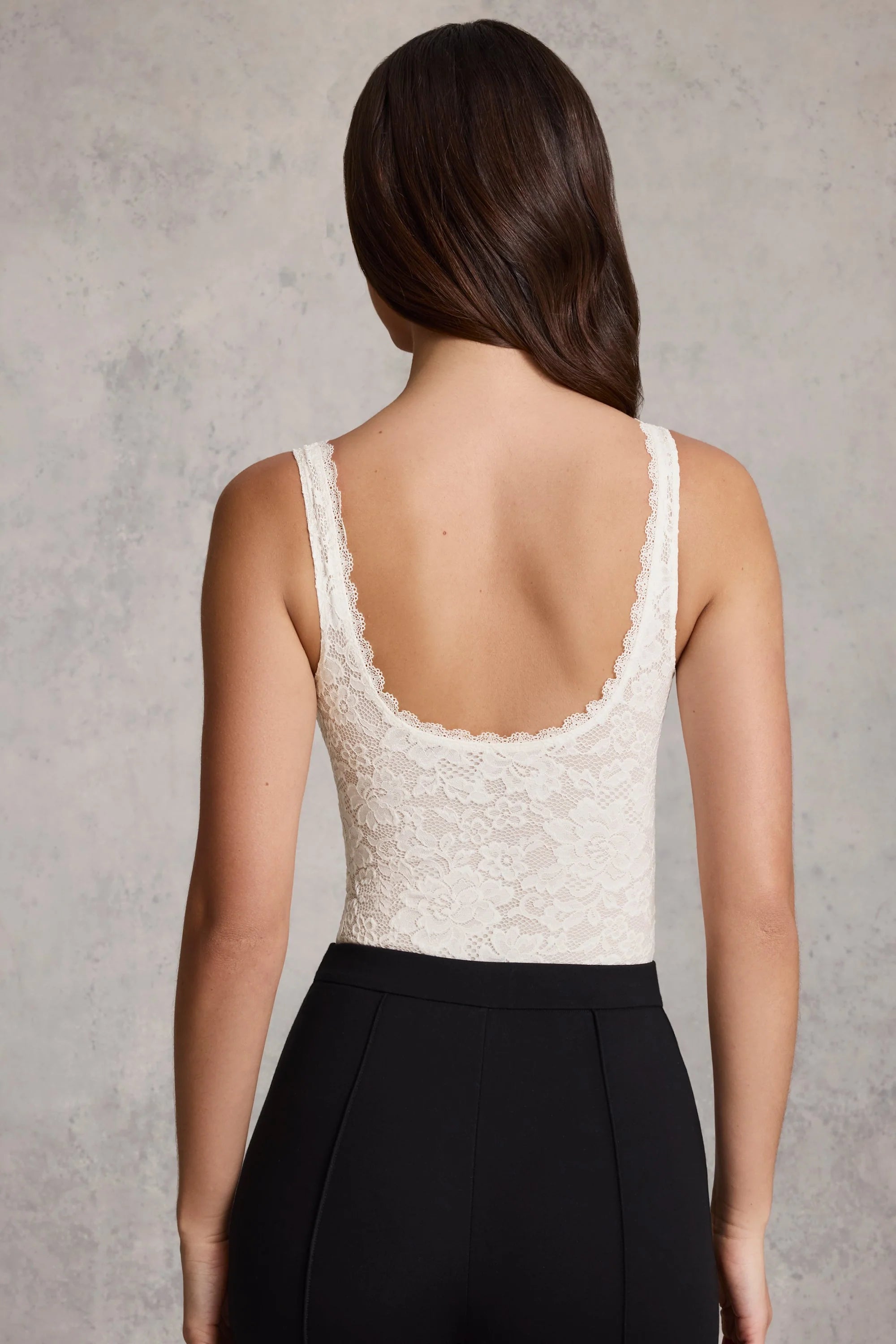 Sheer Lace Scalloped Plunge-Neck Bodysuit in White