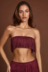 Fringed Bandeau Lace-up Crop Top in Wine Red