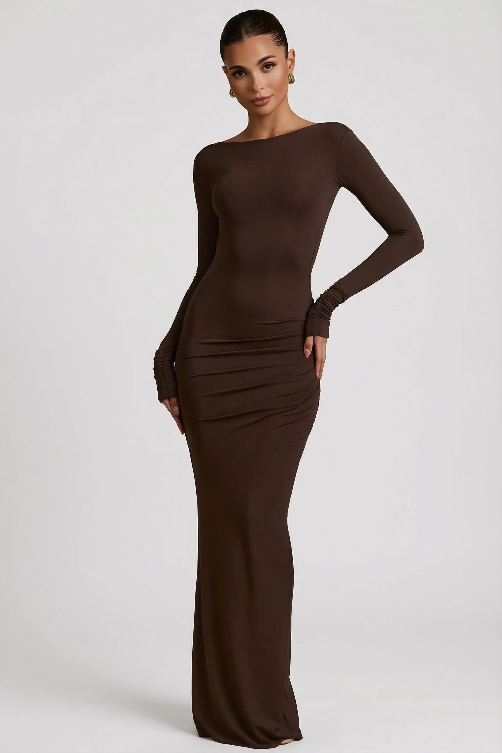 Modal Ruched Backless Maxi Dress in Chocolate Brown