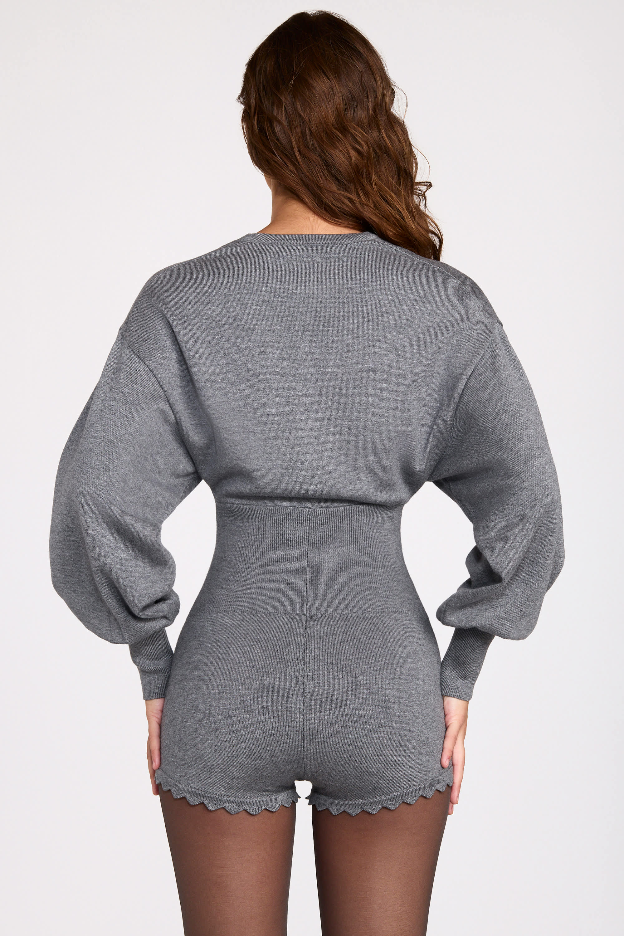 Fine-Knit Long-Sleeve Romper in Grey