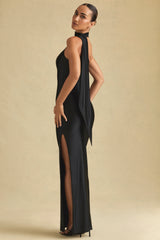 Asymmetric Scarf-Detail Maxi Dress in Black