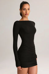 Modal Boat-Neck Draped Long-Sleeve Mini Dress in Black
