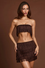 Fringed Bandeau Lace-up Crop Top in Chocolate Brown