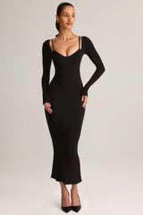 Modal Peekaboo Long-Sleeve Midi Dress in Black
