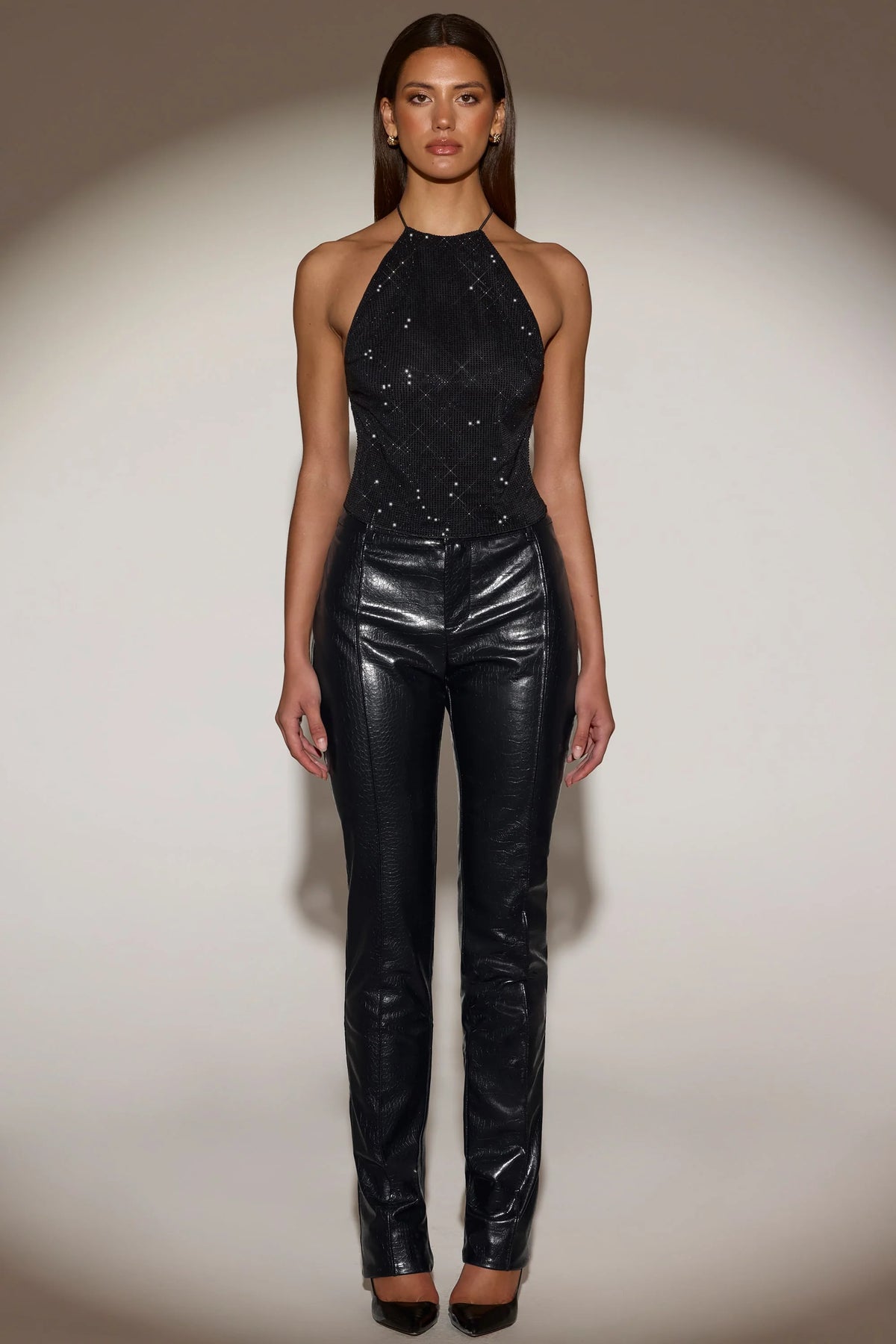 Faux Croc-Leather Straight-Leg Trousers in Black