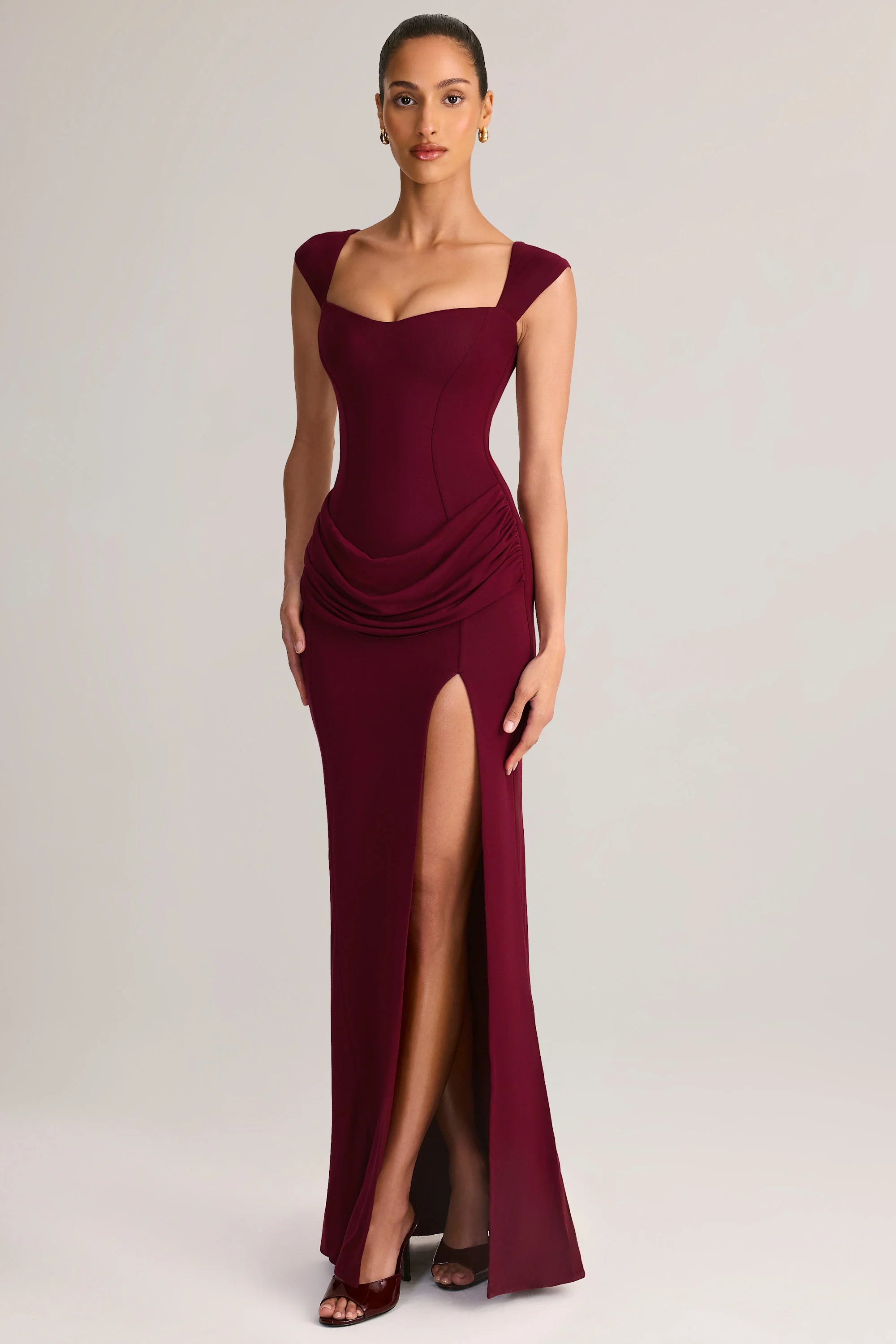 Modal Sweetheart-Neck Cowl-Waist Maxi Dress in Wine