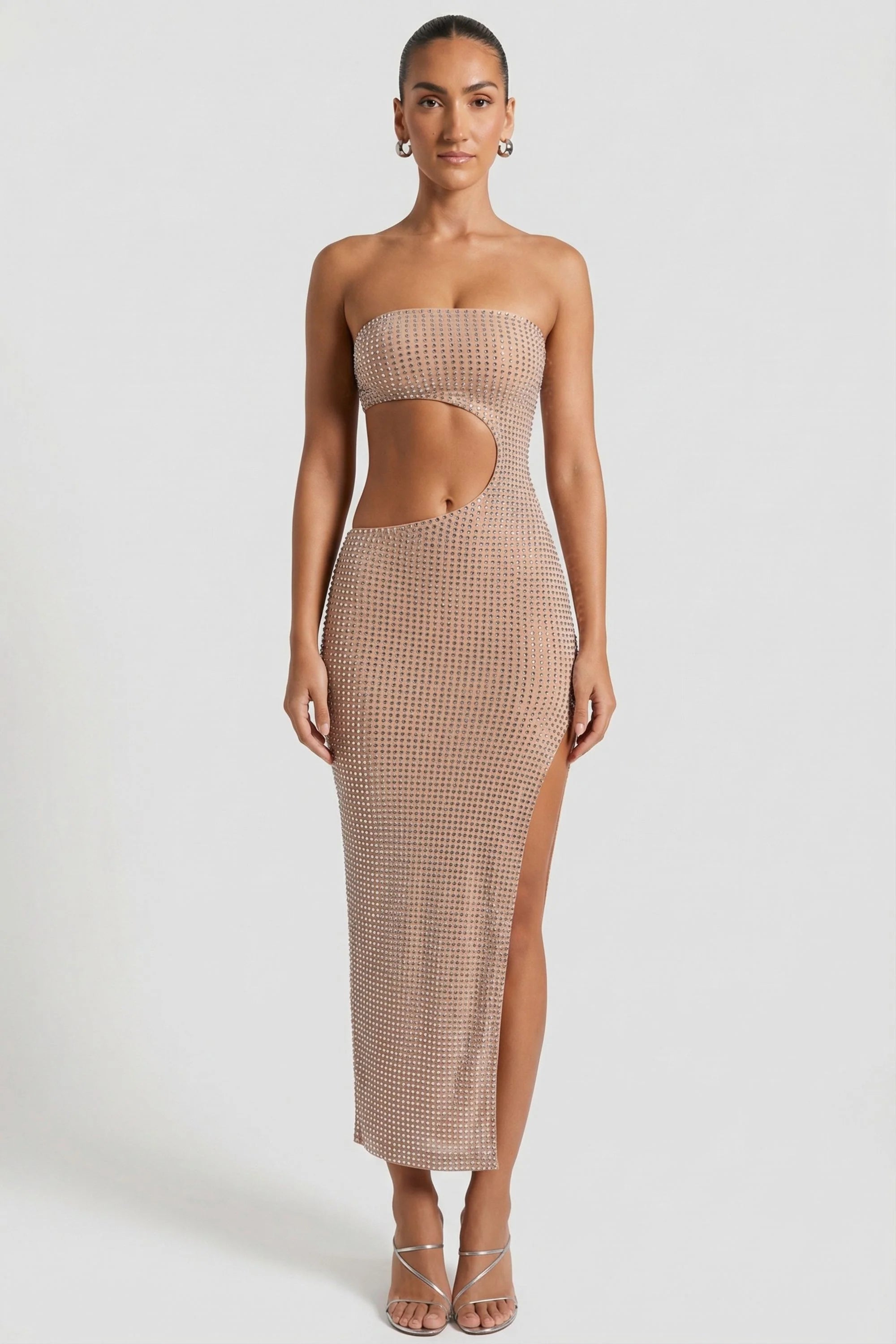 Embellished Cut-Out Bandeau Maxi Dress in Honey