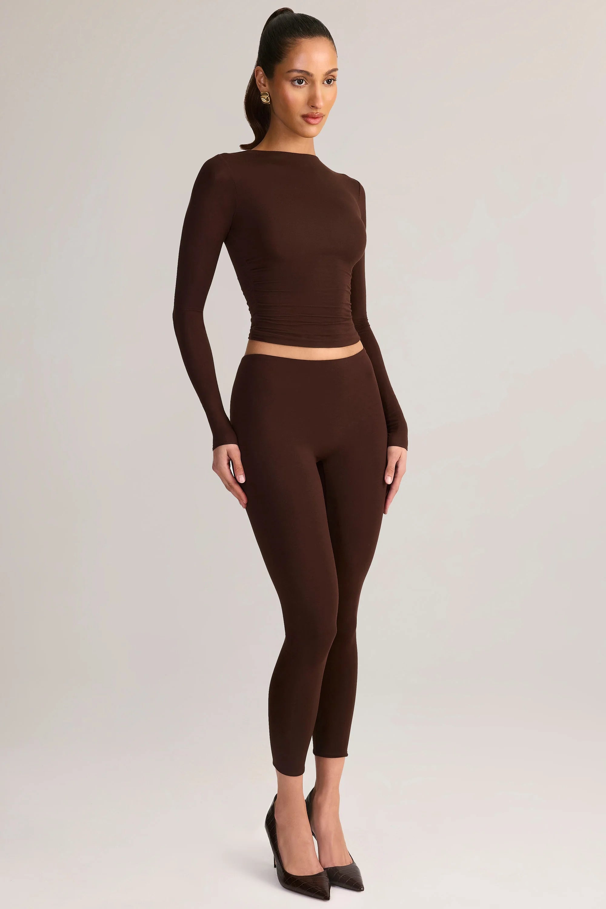 Modal Ruched Long-Sleeve Top in Chocolate Brown