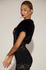Faux-Fur Short Sleeve Bolero in Black
