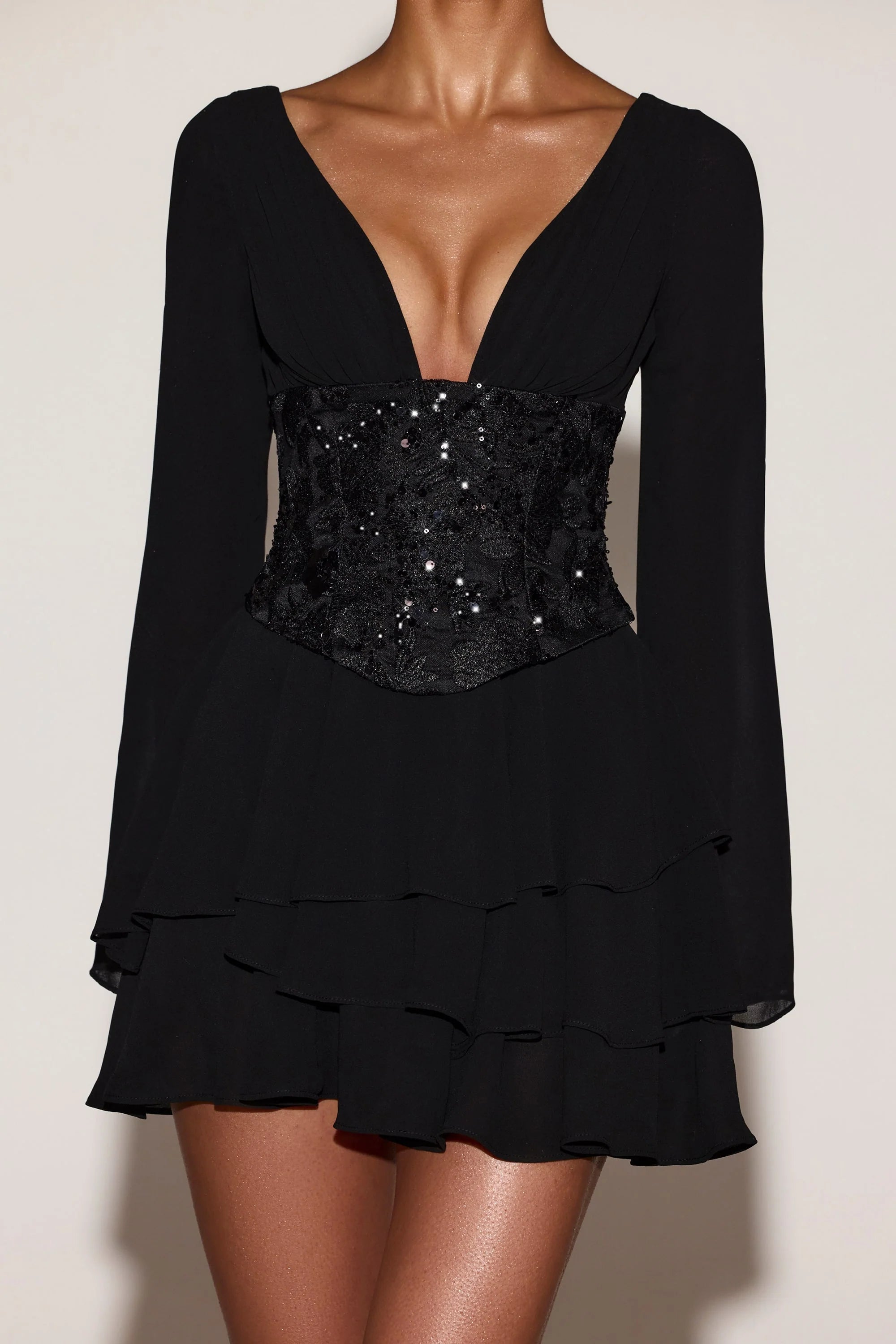 Chiffon Embellished Corset A-line Mini Dress in Black