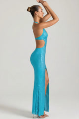 Embellished Cut-Out Halterneck Maxi Dress in Aqua Blue