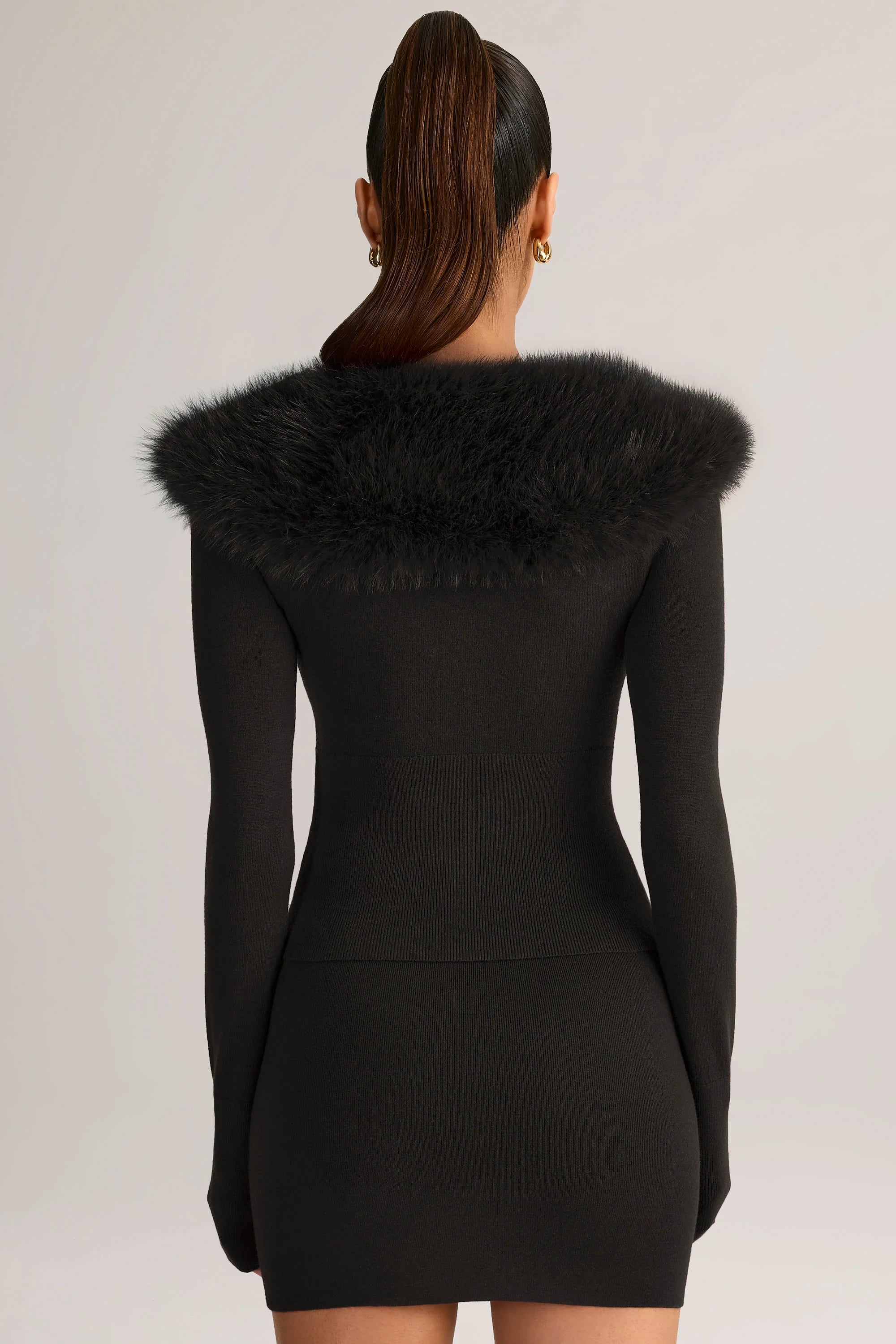 Knit Faux-Fur-Trim Cardigan in Black