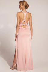 Cowl-Neck Thigh-High Gown in Blush Pink