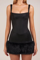 Satin Square-Neck Corset Faux-Fur Mini Dress in Black