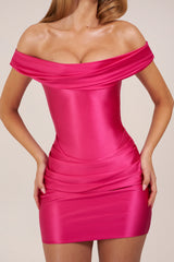 Satin Off-Shoulder Draped Mini Dress in Hot Pink