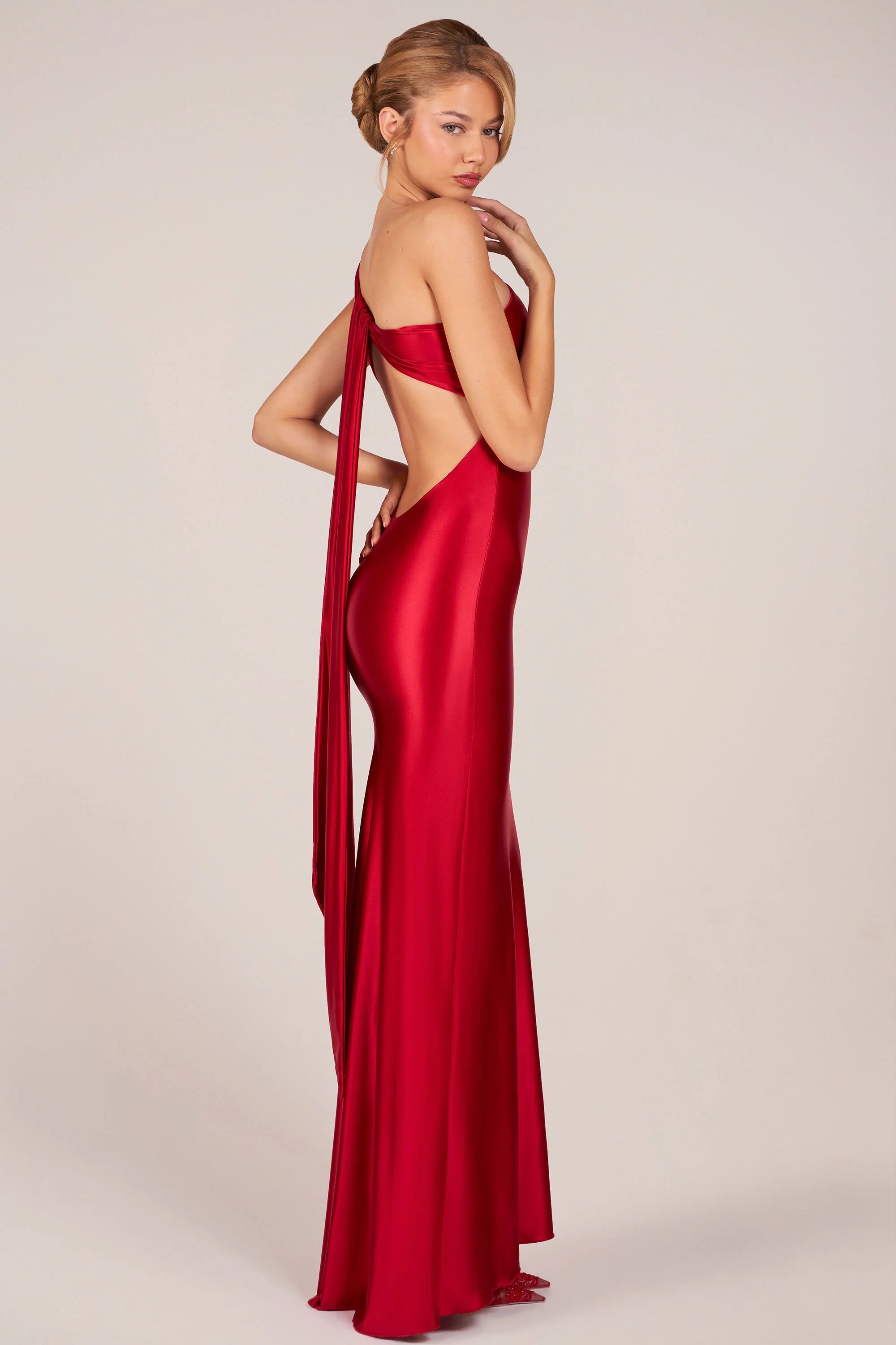 Asymmetric Tie-Back Gown in Rose Red