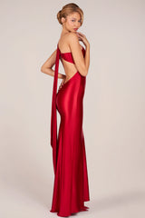 Asymmetric Tie-Back Gown in Rose Red