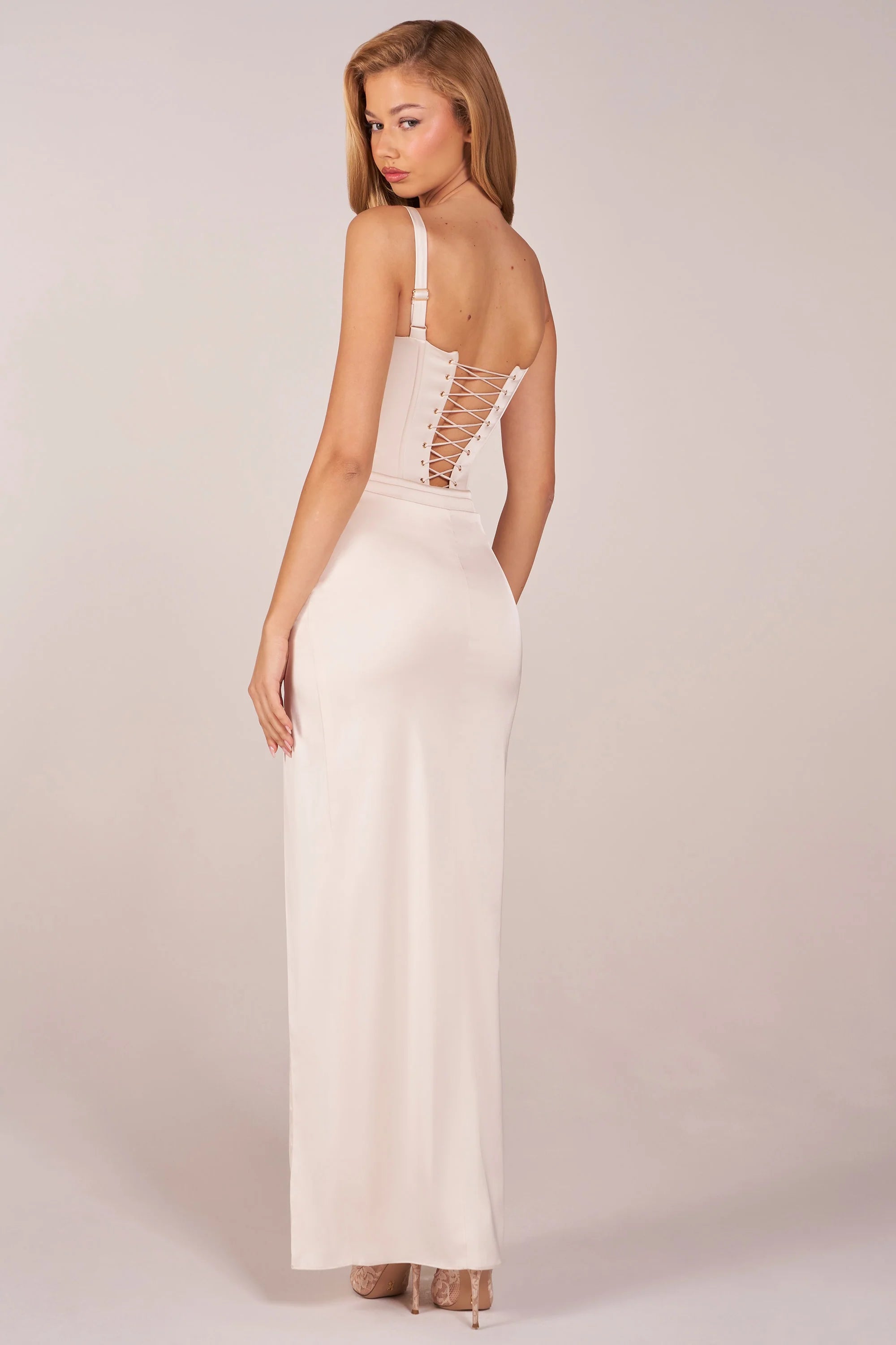 Corseted Thigh-High Split Maxi Dress in Ivory