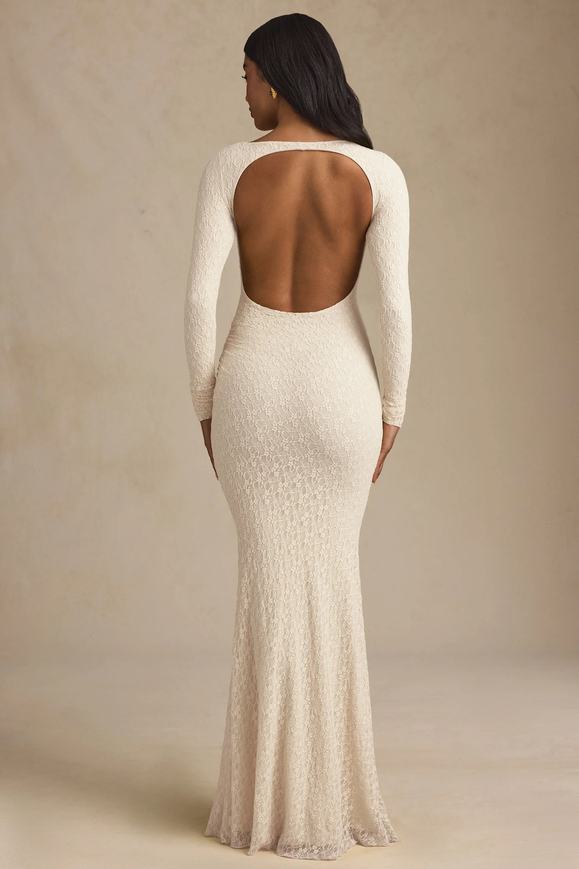Ruched Backless Lace Maxi Dress in Ivory