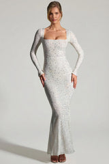 Embellished Long-Sleeve Fishtail Maxi Dress in White