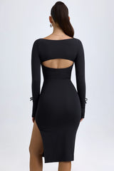 Modal Square-Neck Long-Sleeve Midi Dress in Black