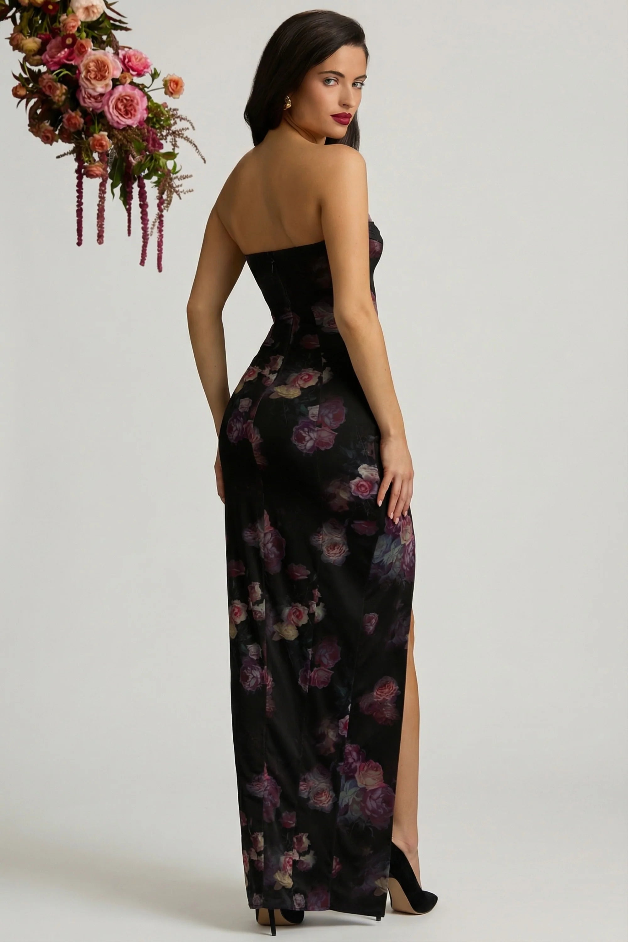 Bandeau Cowl-Neck Maxi Dress in Black Floral Print