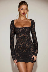 Sheer Scalloped-Lace Long-Sleeve Mini Dress in Black