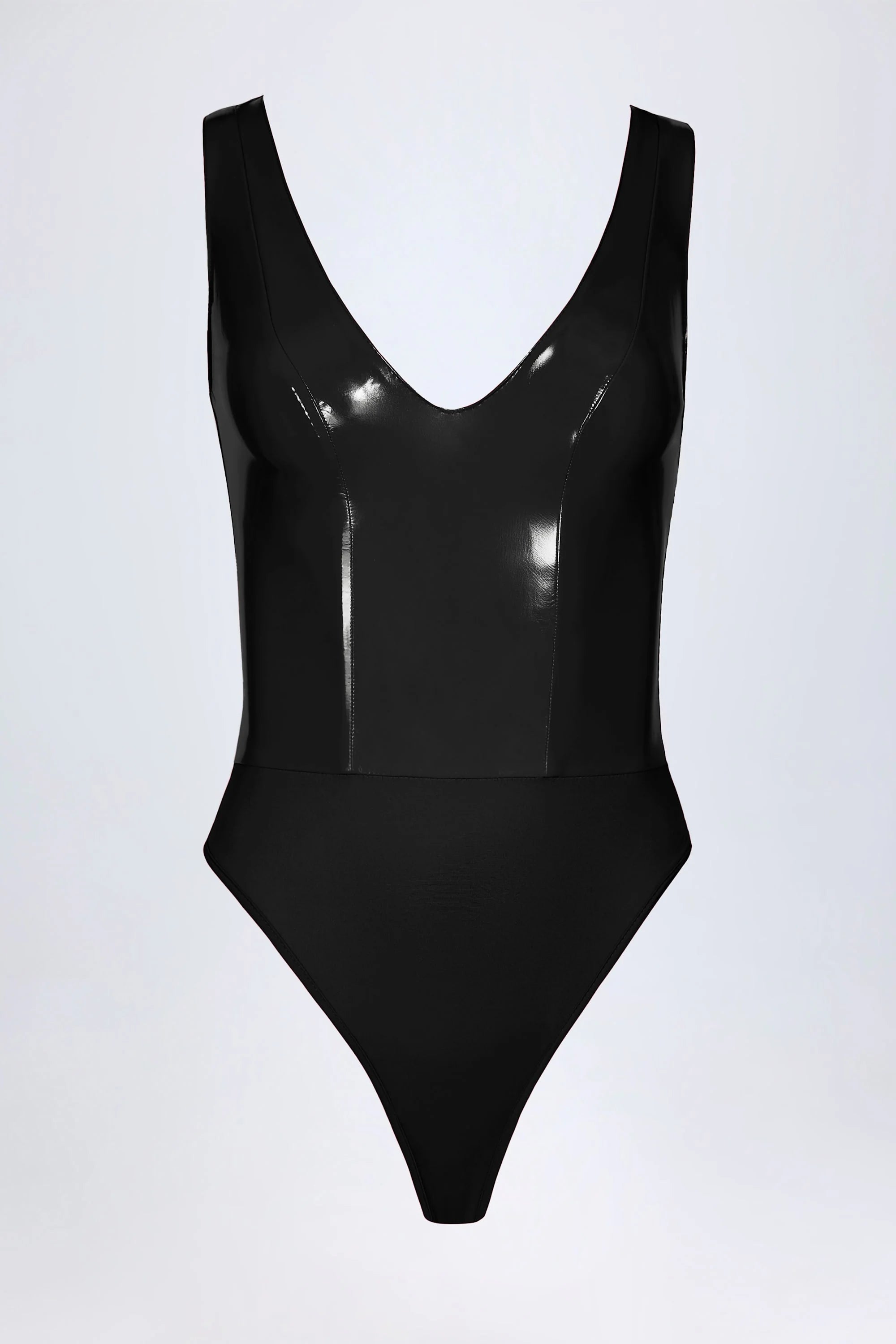 Vinyl Plunge-Neck Bodysuit in Black