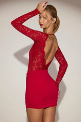 Sheer Lace Boat-Neck Mini Dress in True Red