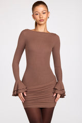 Ribbed Modal Long-Sleeve Draped Mini Dress in Mocha