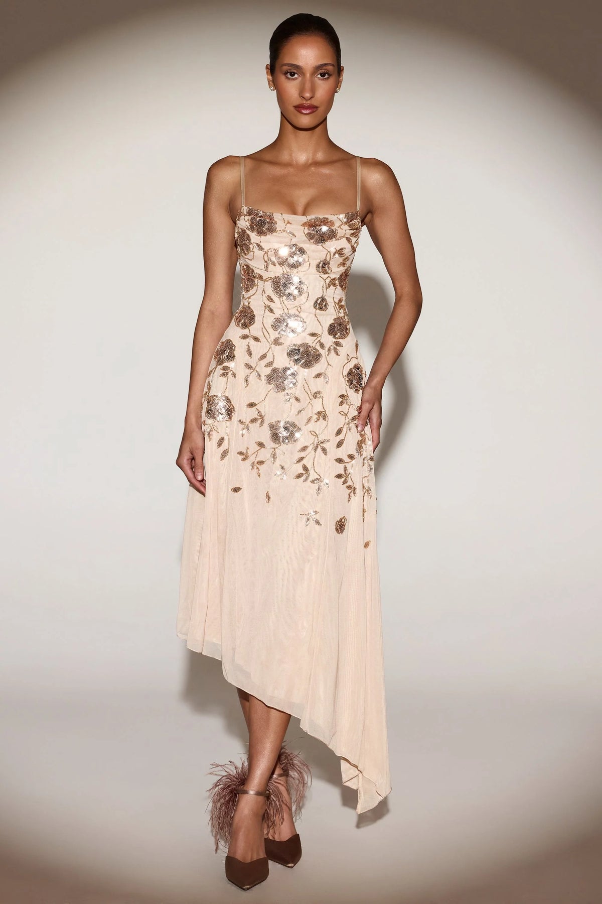 Embellished Soft-Scoop Asymmetric Midaxi Dress in Gold