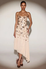 Embellished Soft-Scoop Asymmetric Midaxi Dress in Gold