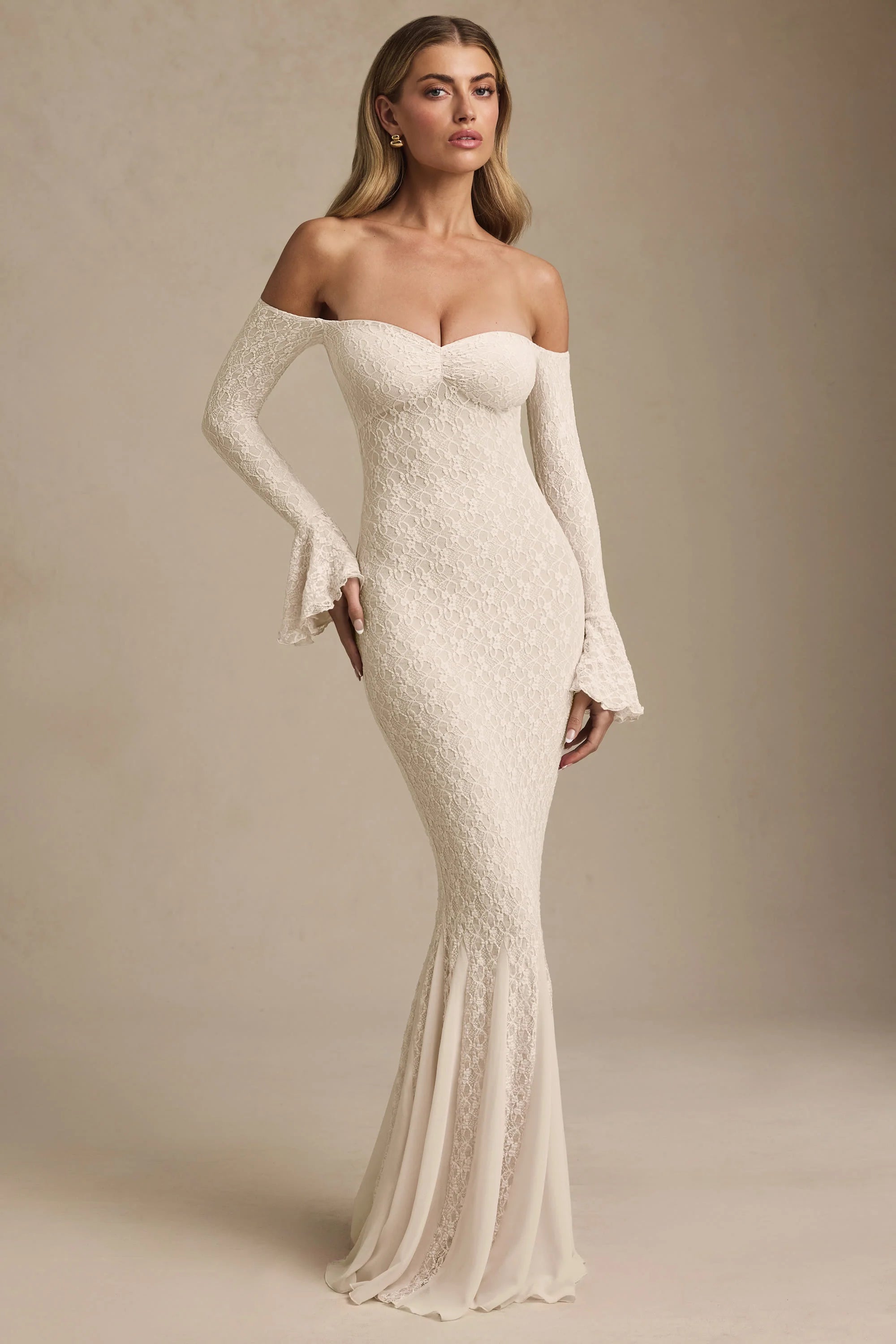 Off-Shoulder Ruffle Lace Maxi Dress in Ivory