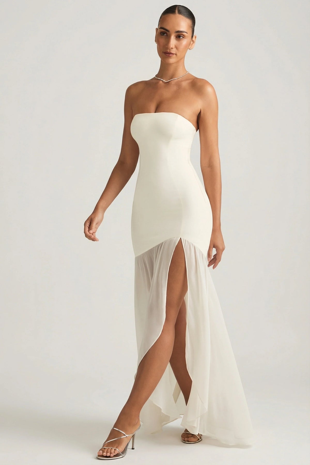 Asymmetric Strapless Fishtail Maxi Dress in Ivory