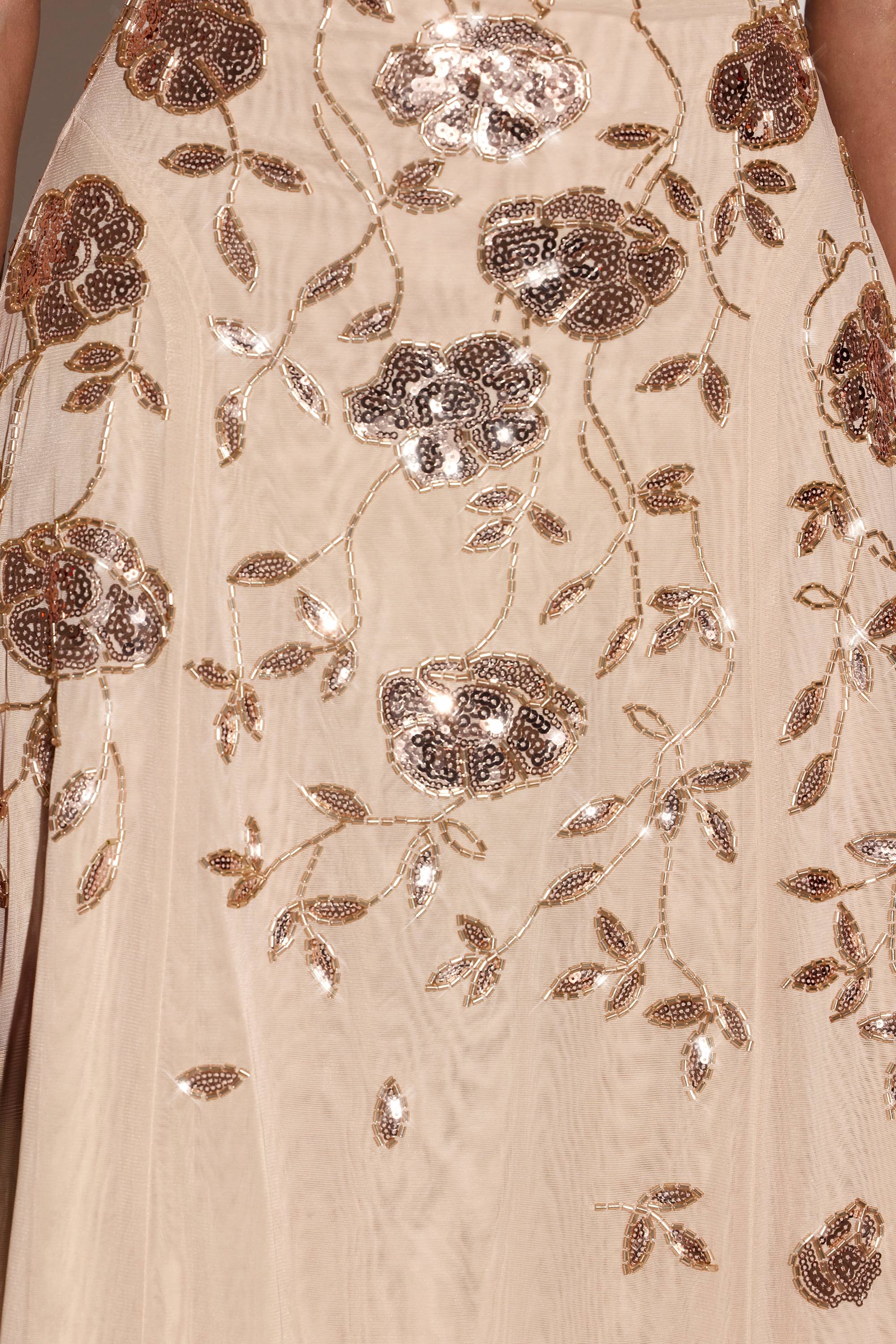 Embellished Soft-Scoop Asymmetric Midaxi Dress in Gold