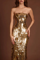 3D Embellished Bandeau Maxi Dress in Gold