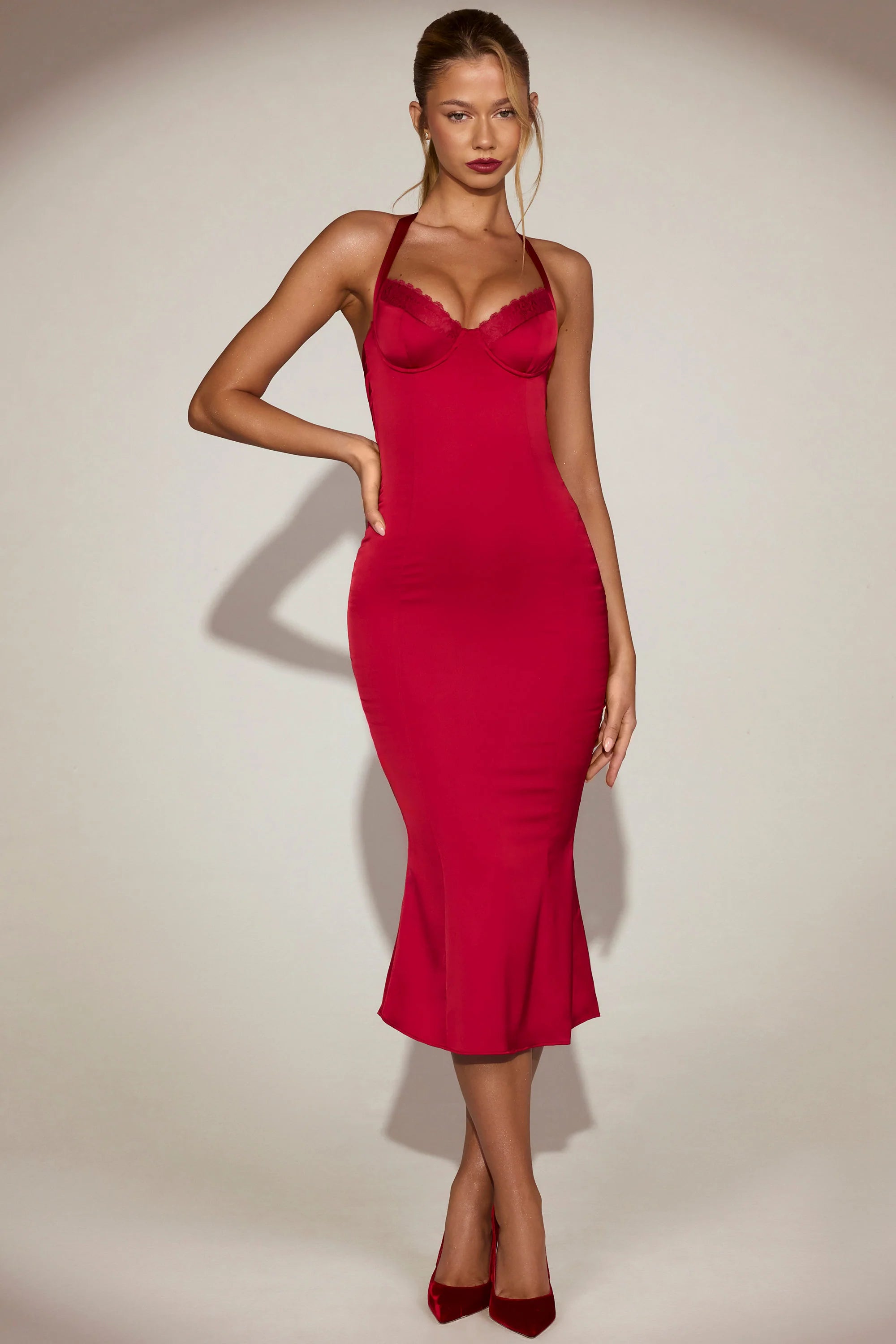 Satin Sweetheart Bustier Fishtail Midaxi Dress in True Red